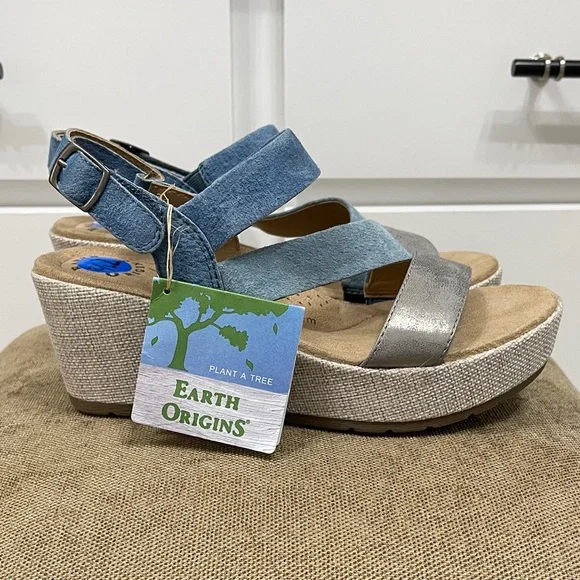 Earth Origins Women's Wedge Sandals in Blue and Silver - Picture 1 of 5